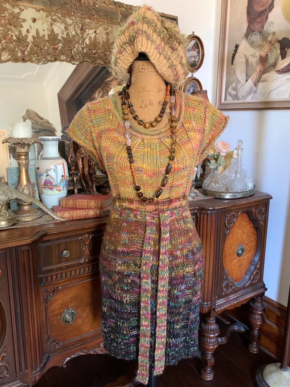Vintage Adorable Sexy Boho Hippie Gypsy Colourful Sweater Mini Dress / Cap Hat